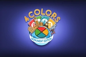 Ένα λογότυπο με την επιγραφή 4 Colors Monument Edition που περιλαμβάνει κάρτες και διάσημα μνημεία πάνω από έναν μπλε κύκλο