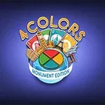 Ένα λογότυπο με την επιγραφή 4 Colors Monument Edition που περιλαμβάνει κάρτες και διάσημα μνημεία πάνω από έναν μπλε κύκλο