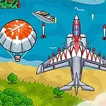 Μια εικονογράφηση με αεροπλάνο, ρουκέτες, και αλεξίπτωτα με σταυρούς πάνω από παραλία και θάλασσα