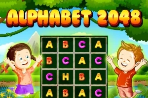 Δύο χαρούμενα παιδιά στέκονται δίπλα σε ένα πίνακα με γράμματα, κάτω από τον τίτλο ALPHABET 2048 σε πολύχρωμο φόντο