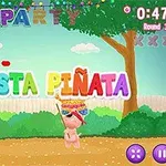 Ένα καρτουνίστικο τοπίο με πολύχρωμα γράμματα που σχηματίζουν τη φράση FIESTA PIÑATA και ένα μικρό χαρακτήρα κάτω από μια πινιάτα