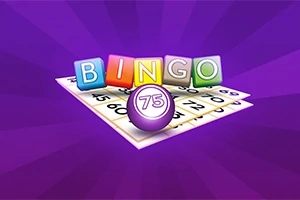 Γράμματα BINGO πάνω από αριθμημένη κάρτα και μπάλα με τον αριθμό 75 σε μοβ φόντο