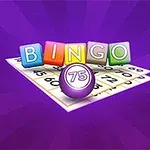 Γράμματα BINGO πάνω από αριθμημένη κάρτα και μπάλα με τον αριθμό 75 σε μοβ φόντο