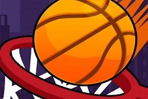 Πορτοκαλί μπάλα μπάσκετ που περνάει μέσα από κόκκινη μπασκέτα με γρήγορη κίνηση, πάνω από σκούρο μωβ φόντο
