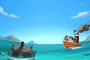 Ένα κόκκινο πλοίο με καμινάδα πλέει στη θάλασσα, ενώ κοντά του επιπλέει μία θαλάσσια νάρκη