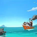 Ένα κόκκινο πλοίο με καμινάδα πλέει στη θάλασσα, ενώ κοντά του επιπλέει μία θαλάσσια νάρκη