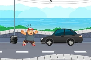 Ένας άνδρας με κόκκινο καπέλο και ανυψωμένα χέρια μπροστά από ένα μαύρο αυτοκίνητο σε έναν δρόμο με φόντο θάλασσα και ουρανό