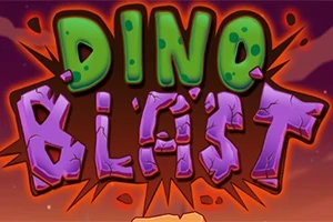 Το κείμενο Dino Blast με γράμματα σε πράσινο και μωβ χρώμα σε φόντο αποχρώσεων του πορτοκαλί