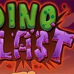 Το κείμενο Dino Blast με γράμματα σε πράσινο και μωβ χρώμα σε φόντο αποχρώσεων του πορτοκαλί