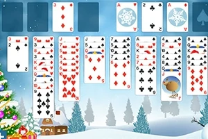 Χειμωνιάτικο σκηνικό με κάρτες σε σειρά και χιονισμένα τοπία στο βάθος, διακοσμημένο χριστουγεννιάτικο δέντρο