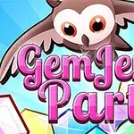 Κουκουβάγια πάνω από τον τίτλο Gem Jem Party με πολύχρωμα πετράδια στο φόντο