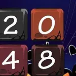 Τέσσερα τετράγωνα με αριθμούς 2, 0, 4, 8 σε σκηνικό με κολοκύθες και σταυρούς σε σκοτεινό φόντο