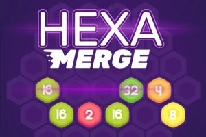 Κείμενο HEXA MERGE με φόντο εξαγωνίδια σε μοβ αποχρώσεις και αριθμημένα πολύχρωμα εξάγωνα