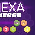 Κείμενο HEXA MERGE με φόντο εξαγωνίδια σε μοβ αποχρώσεις και αριθμημένα πολύχρωμα εξάγωνα