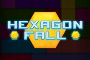Κίτρινο εξάγωνο στο κέντρο με τη λέξη HEXAGON FALL σε γαλάζια γράμματα, πάνω σε φόντο με πολύχρωμα μπλοκ