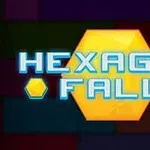 Κίτρινο εξάγωνο στο κέντρο με τη λέξη HEXAGON FALL σε γαλάζια γράμματα, πάνω σε φόντο με πολύχρωμα μπλοκ