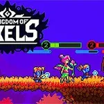 Μια σκηνή με pixelated χαρακτήρες σε πολύχρωμο φόντο που περπατούν σε μια πλατφόρμα, με ράβδους υγείας πάνω από τα κεφάλια τους