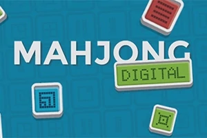 Λευκά και πολύχρωμα ψηφιακά πλακίδια σε γαλάζιο φόντο με τη λέξη MAHJONG και DIGITAL
