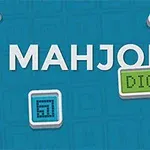 Λευκά και πολύχρωμα ψηφιακά πλακίδια σε γαλάζιο φόντο με τη λέξη MAHJONG και DIGITAL