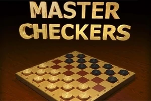 Πιόνια σκακιέρας τοποθετημένα σε καφέ και μπεζ τετράγωνα με τον τίτλο Master Checkers από πάνω