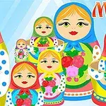 Πολύχρωμες ρωσικές κούκλες ματριόσκα με άνθη και ζωηρά σχέδια σε μπλε, κόκκινο και κίτρινο φόντο