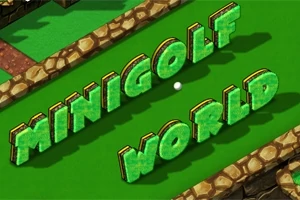 3D γράμματα που σχηματίζουν τη φράση MINIGOLF WORLD πάνω σε πράσινο γήπεδο με πέτρινα σύνορα