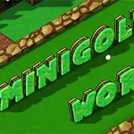 3D γράμματα που σχηματίζουν τη φράση MINIGOLF WORLD πάνω σε πράσινο γήπεδο με πέτρινα σύνορα