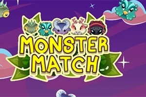 Έγχρωμη εικονογράφηση με τη λέξη MONSTER MATCH σε κίτρινο και πράσινο φόντο, περιτριγυρισμένη από φανταστικά πλάσματα σε μωβ ουρανό