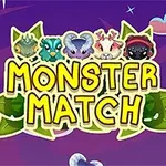 Έγχρωμη εικονογράφηση με τη λέξη MONSTER MATCH σε κίτρινο και πράσινο φόντο, περιτριγυρισμένη από φανταστικά πλάσματα σε μωβ ουρανό