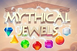 Κείμενο MYTHICAL JEWELS με επτά πολύχρωμα πετράδια σε φόντο αρχαίου ναού