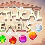Κείμενο MYTHICAL JEWELS με επτά πολύχρωμα πετράδια σε φόντο αρχαίου ναού