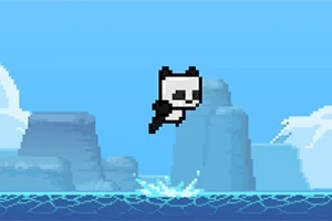 Ένα pixel art πάντα πηδάει πάνω από νερό μπροστά από παγόβουνα