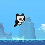 Ένα pixel art πάντα πηδάει πάνω από νερό μπροστά από παγόβουνα