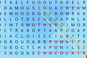 Λέξεις αναζήτησης σε κρυπτόλεξο με μπλε φόντο και μερικές λέξεις επισημασμένες με χρωματιστές γραμμές