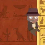Μια καρτούν φιγούρα με καπέλο κρατιέται από έναν κίτρινο κίονα σε φόντο με αιγυπτιακά ιερογλυφικά