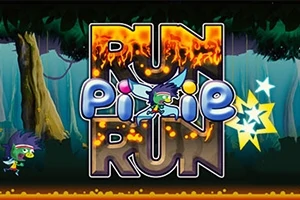 Πολύχρωμο γραφικό με μεγάλα γράμματα RUN pixie RUN, με φτερωτό ξωτικό και δάσος στο παρασκήνιο