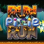 Πολύχρωμο γραφικό με μεγάλα γράμματα RUN pixie RUN, με φτερωτό ξωτικό και δάσος στο παρασκήνιο