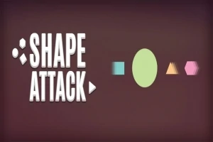 Λευκά γράμματα με τη φράση SHAPE ATTACK δίπλα σε πολύχρωμα γεωμετρικά σχήματα σε καφέ φόντο