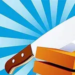 Μαχαίρι σε ξύλινη λαβή κόβει πορτοκαλί και κίτρινα στοιχεία με γαλάζιο φόντο