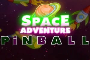 Κείμενο Space Adventure Pinball με φόντο έναν πλανήτη και διαστημόπλοια