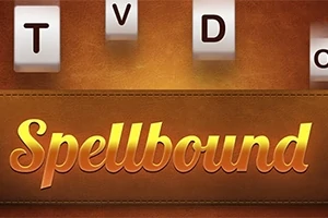 Γραφικά πλακίδια με γράμματα και τη λέξη Spellbound με χρυσά γράμματα σε καφέ φόντο