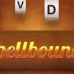 Γραφικά πλακίδια με γράμματα και τη λέξη Spellbound με χρυσά γράμματα σε καφέ φόντο