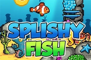 Ένα pixel art υποθαλάσσιο τοπίο με έναν πορτοκαλί κλόουν ψάρι και τη φράση Splishy Fish στο κέντρο