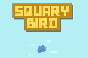 Καφέ τίτλος SQUARY BIRD πάνω από ένα μπλε πουλί σε ανοιχτό γαλάζιο φόντο