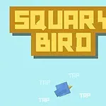 Καφέ τίτλος SQUARY BIRD πάνω από ένα μπλε πουλί σε ανοιχτό γαλάζιο φόντο