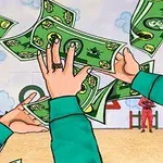 Δύο χέρια πιάνονται χαρτονομίσματα με πράσινη απόχρωση σε έναν εξωτερικό χώρο με άτομα ντυμένα με ροζ φόρμες στο βάθος