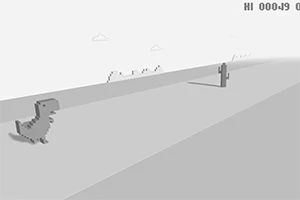 Δεινοσαυράκι σε pixel art τρέχει στο έρημο τοπίο με κάκτους και σύννεφα στον ουρανό
