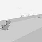 Δεινοσαυράκι σε pixel art τρέχει στο έρημο τοπίο με κάκτους και σύννεφα στον ουρανό