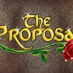 Χρυσά γράμματα με τη λέξη The Proposal σε φόντο με περίτεχνα μοτίβα, διακοσμημένα με κόκκινο τριαντάφυλλο και πράσινα φύλλα