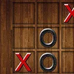 Ξύλινος πίνακας με πλέγμα 3x3, όπου εμφανίζονται δύο κόκκινα X και δύο μαύρα O